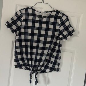 [Madewell] Navy and White Checkered Tie-Front, Button Back Blouse